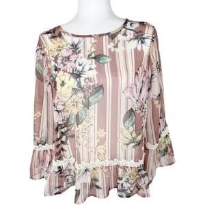 Melissa Paige Boho Cottagecore‎ Floral Lace Sheer Peasant Blouse Womens Medium